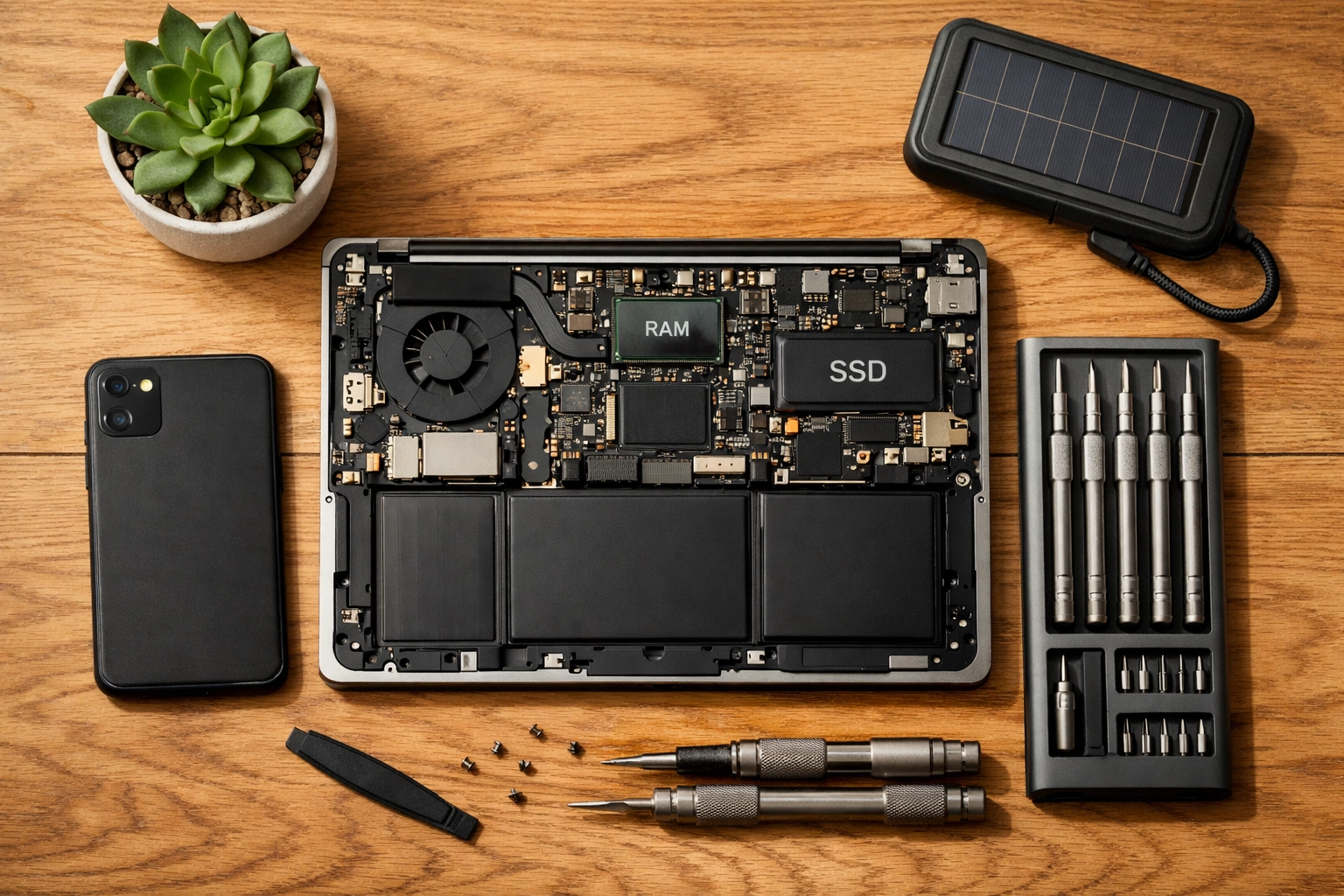 Sustainable tech repair workspace featuring a disassembled laptop and solar-powered charger for eco-friendly maintenance.