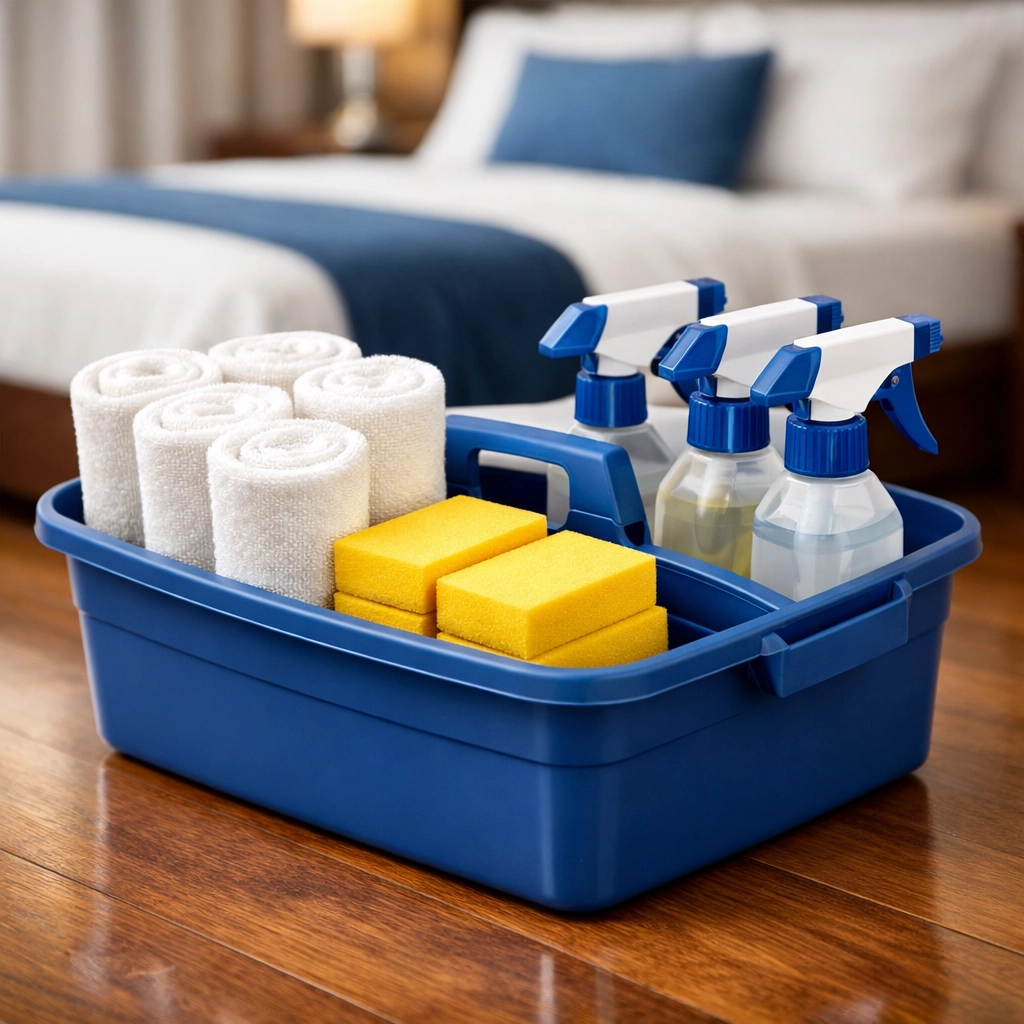 Organized cleaning caddy on a hardwood floor during a professional house cleaning Wayland MA service.