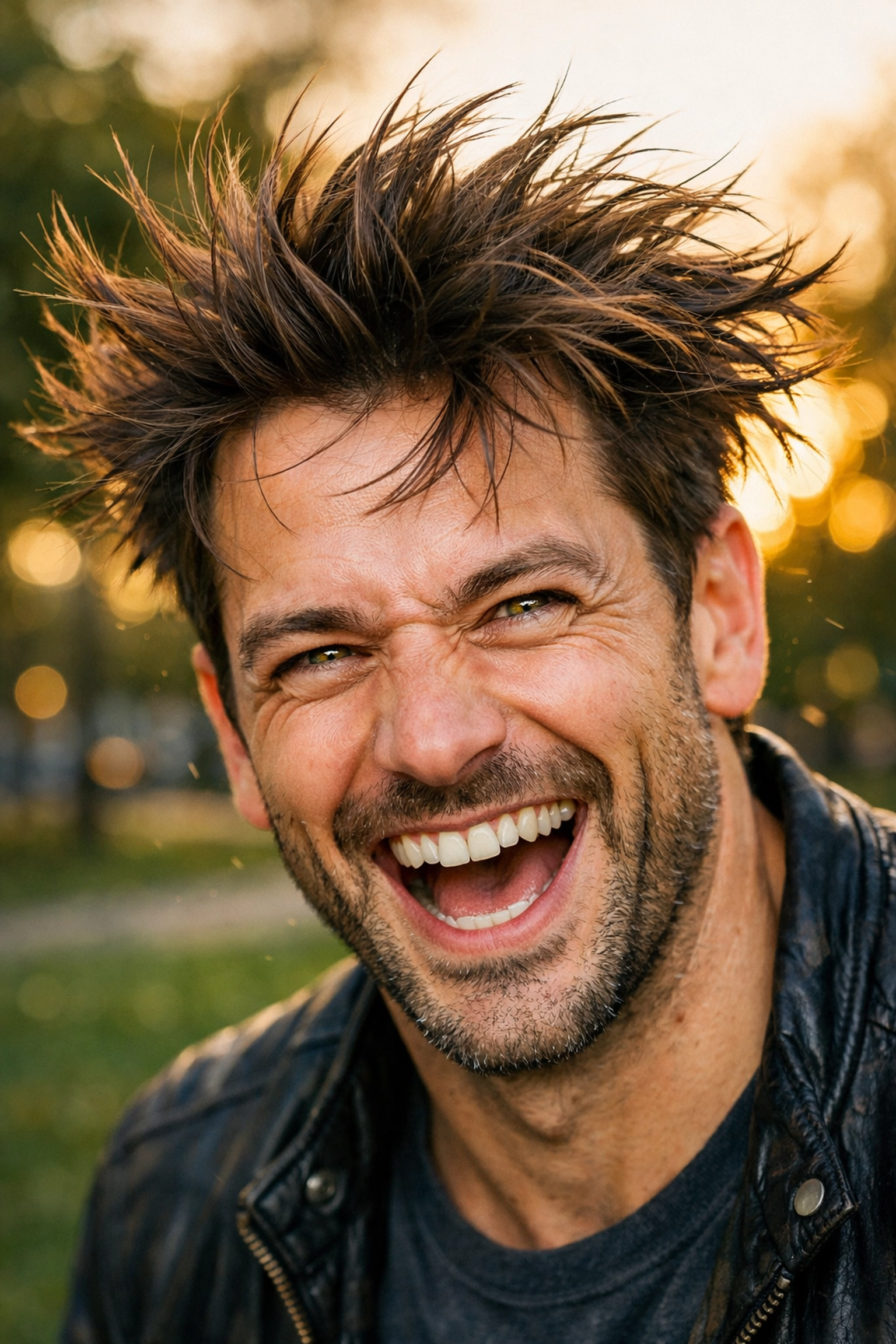 A man laughing with hair frozen in mid-air, showing how fast shutter speed prevents blur in portraits.
