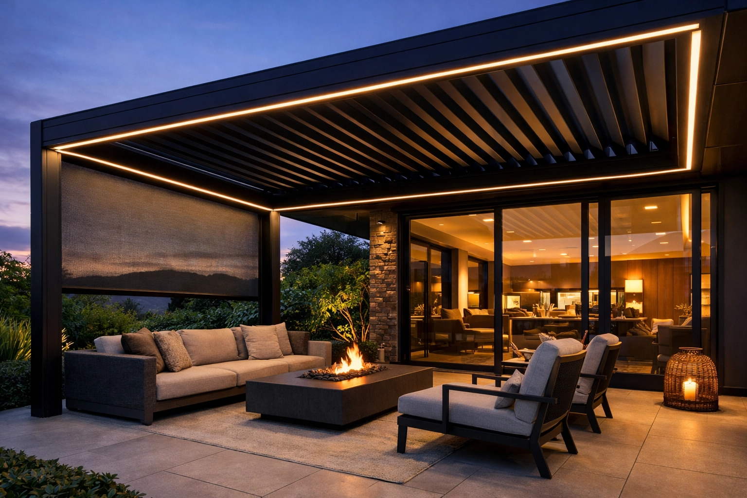 Black aluminum louvre system with integrated LED lighting and mesh outdoor blinds at twilight