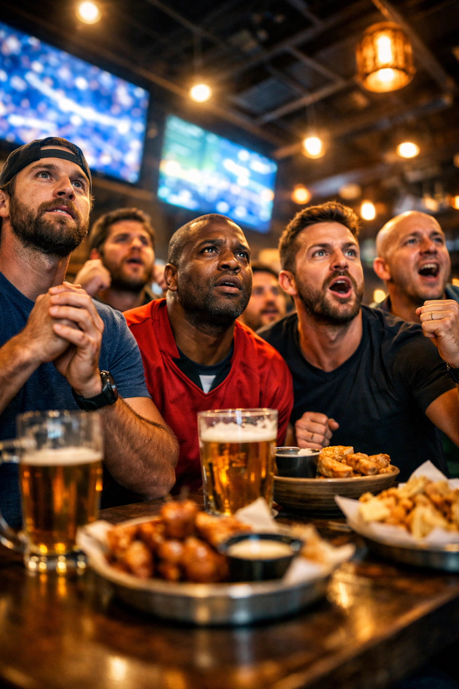 Sports fans watching live game on digital screens in crowded sports bar venue