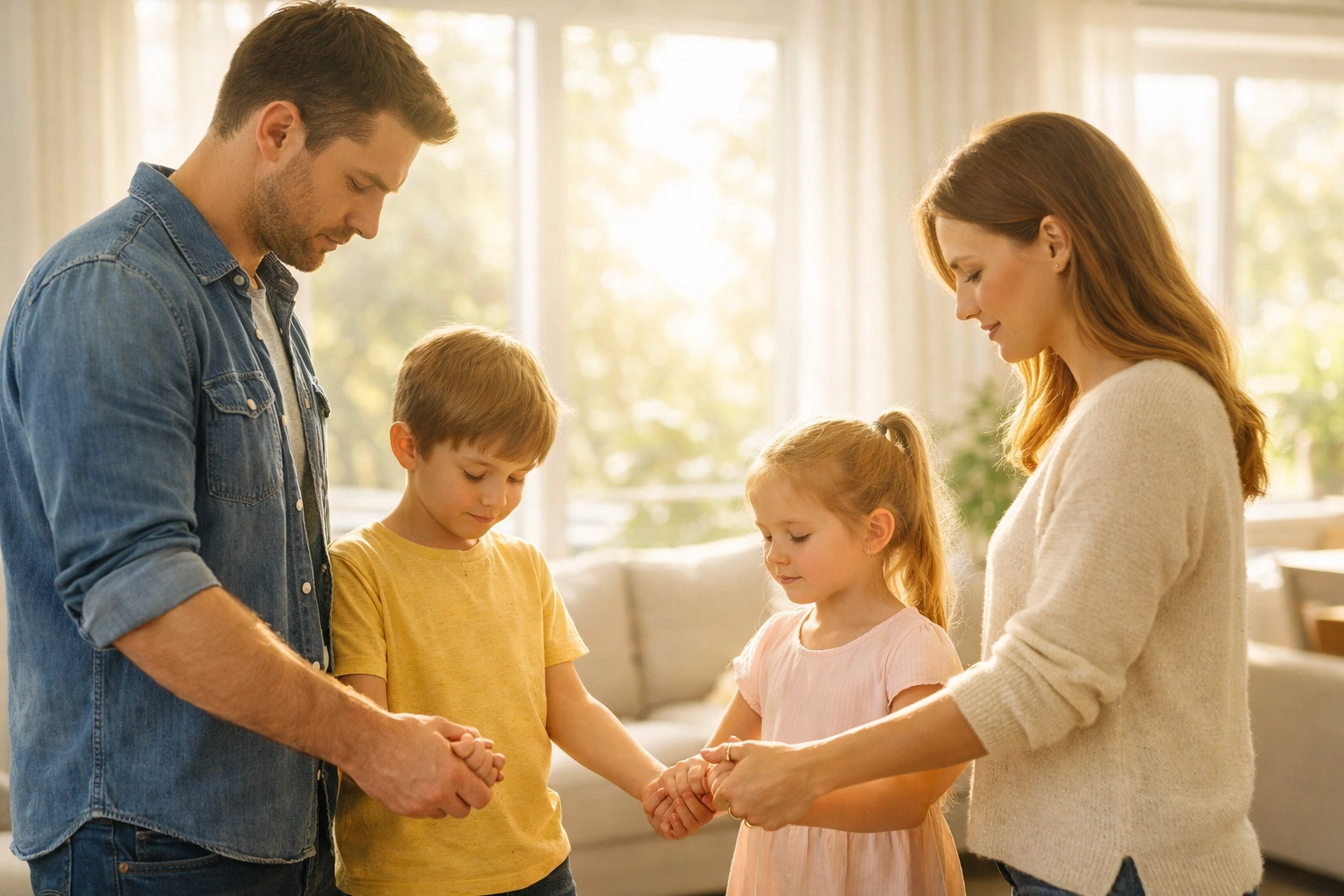 A family holding hands in prayer in a bright living room, illustrating a safe harbor in the storm.