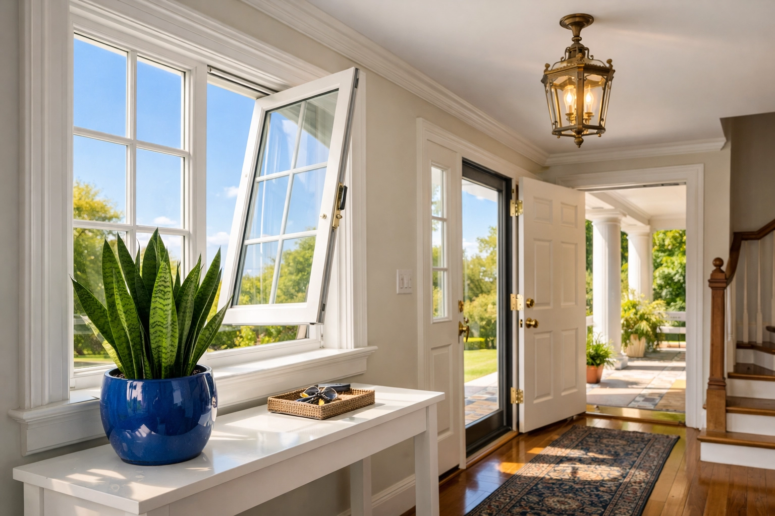 Open window and indoor plant helping improve the air quality in a Groton MA residence.