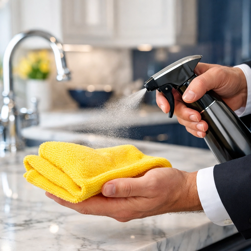 Professional house cleaning technician spraying a yellow microfiber cloth in a modern Westborough kitchen.