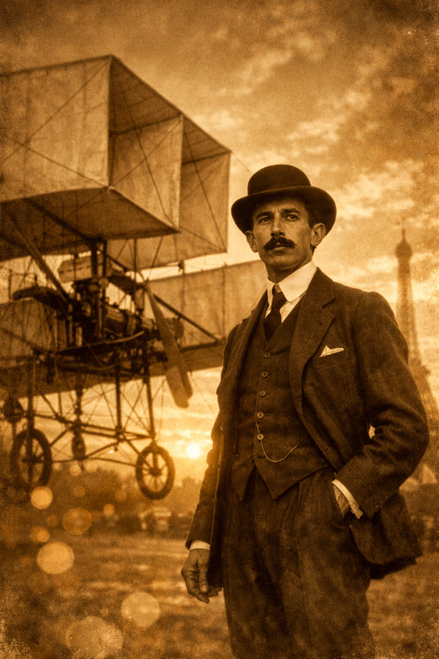 Alberto Santos-Dumont, gay Brazilian aviation pioneer, with his XIV-bis aircraft in Paris, 1906