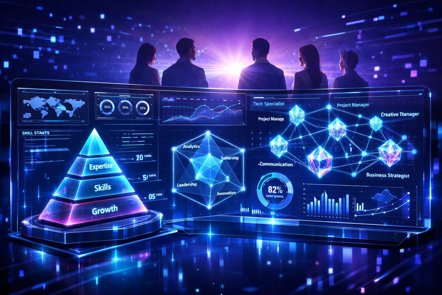 Futuristic holographic dashboard displaying student skill metrics and career pathways for corporate recruitment.