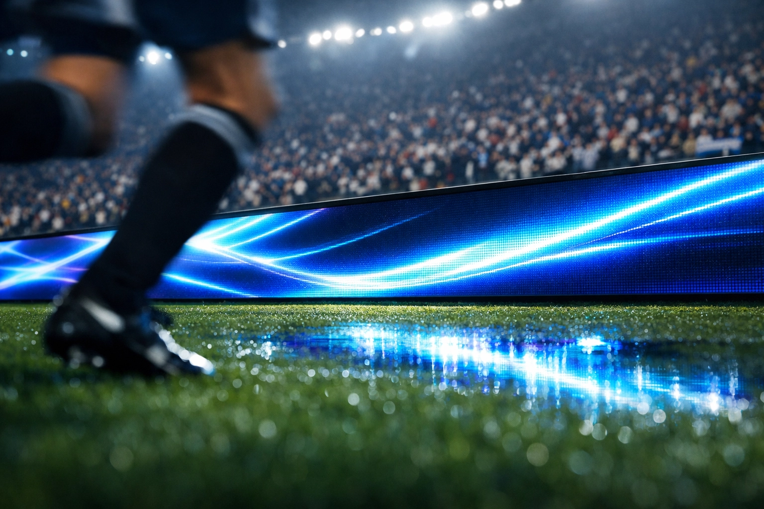 Dynamic digital LED perimeter board at a stadium capturing fan attention during a sports match.