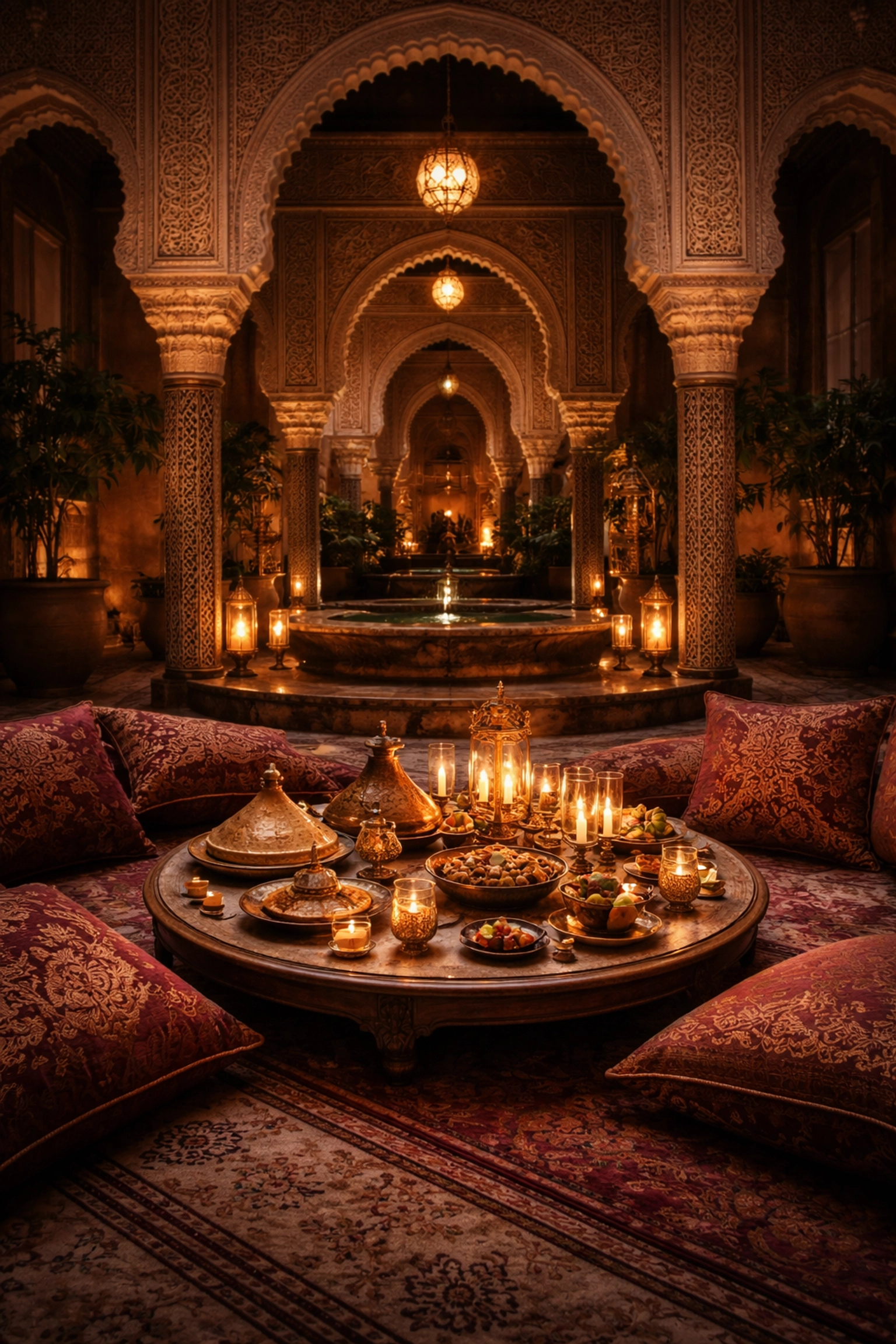 Luxury Moroccan palace courtyard set for dinner with candlelight, brass lanterns and tagines, evoking exclusive dining experiences