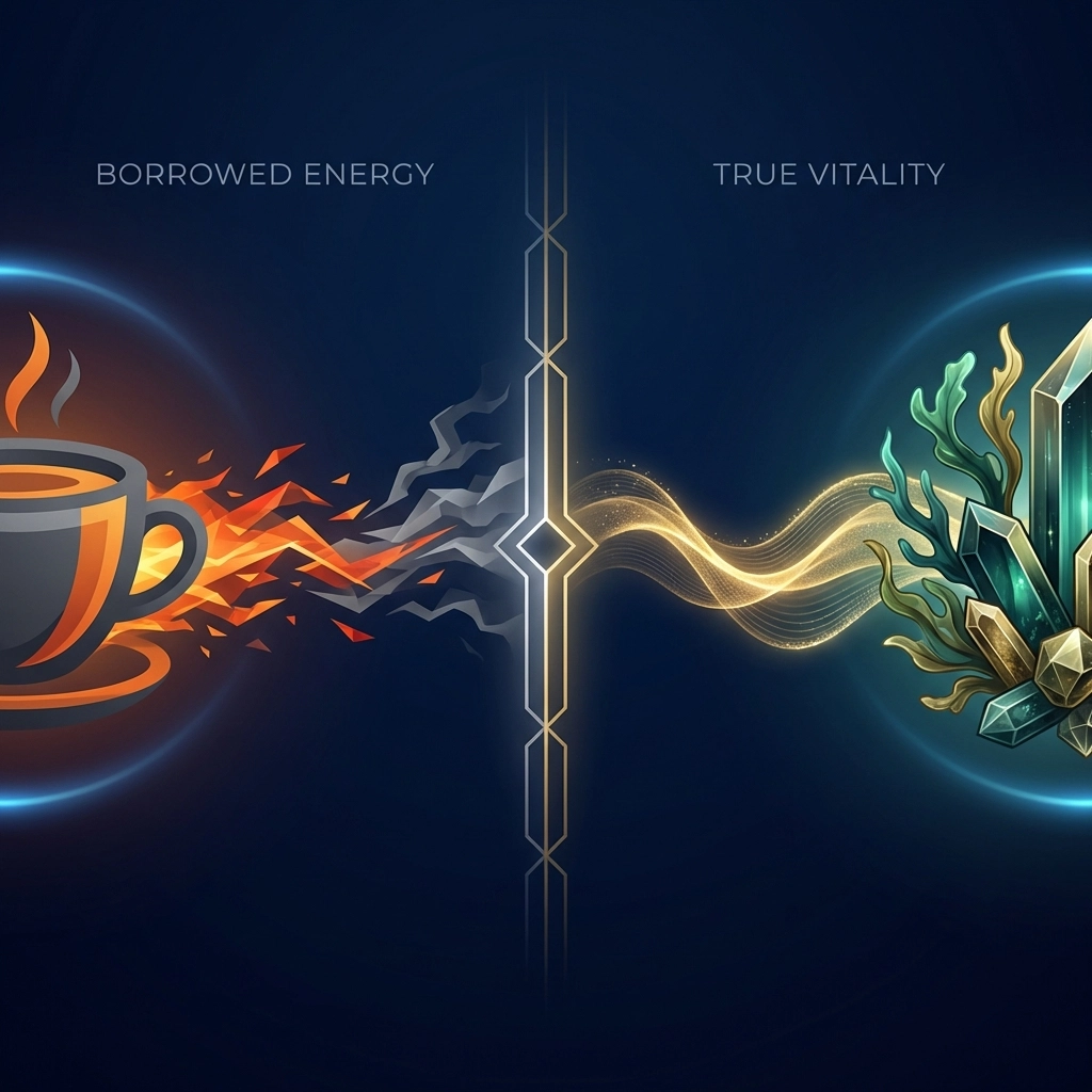 Side-by-side image contrasting a coffee cup’s burst energy versus minerals and sea moss for lasting vitality