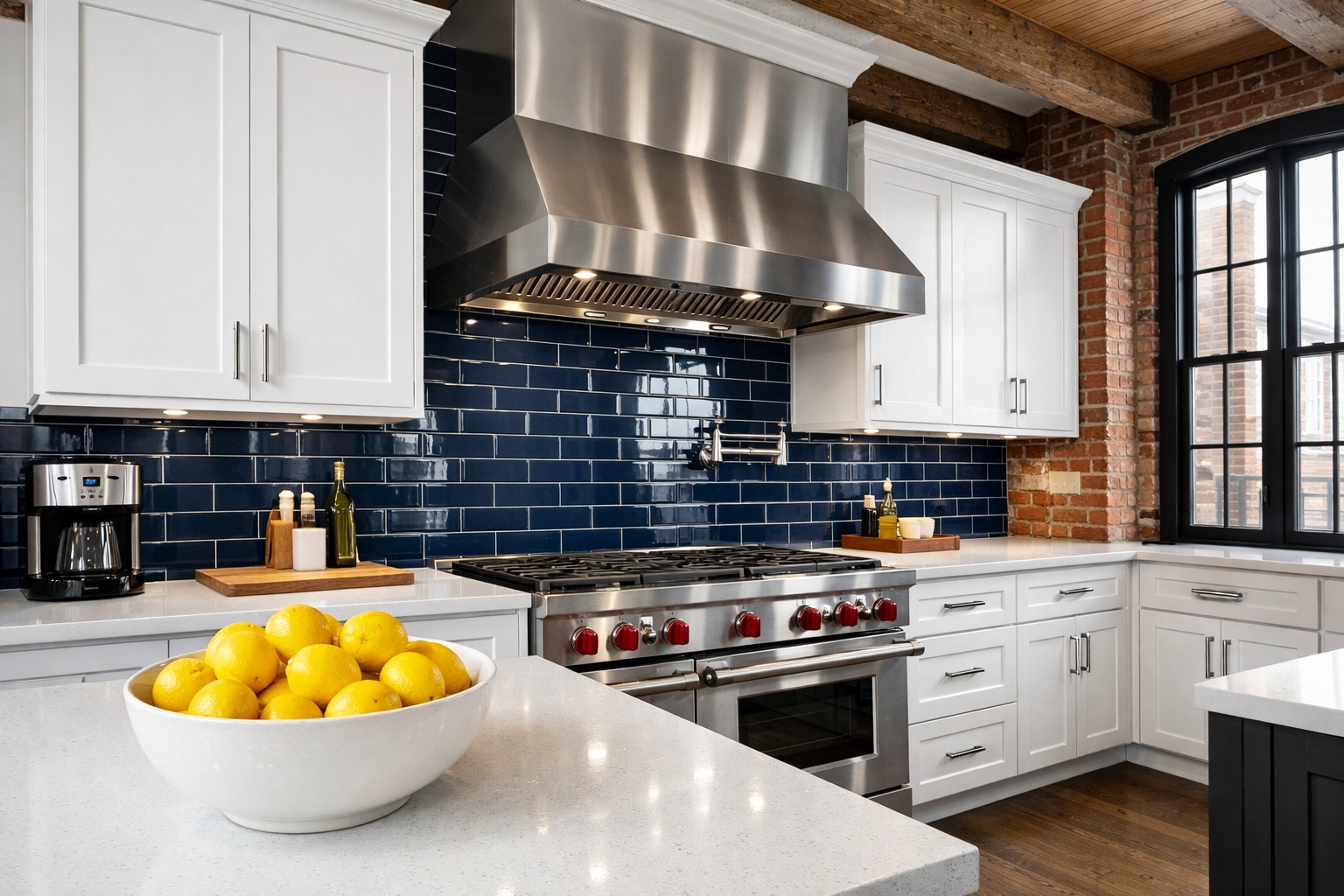 Professionally cleaned modern kitchen in a Lowell mill-loft, showcasing move-in/move-out cleaning excellence.