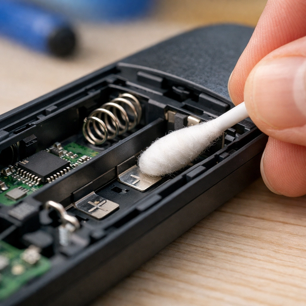 Hand cleaning a remote control battery compartment as part of bi weekly house cleaning.