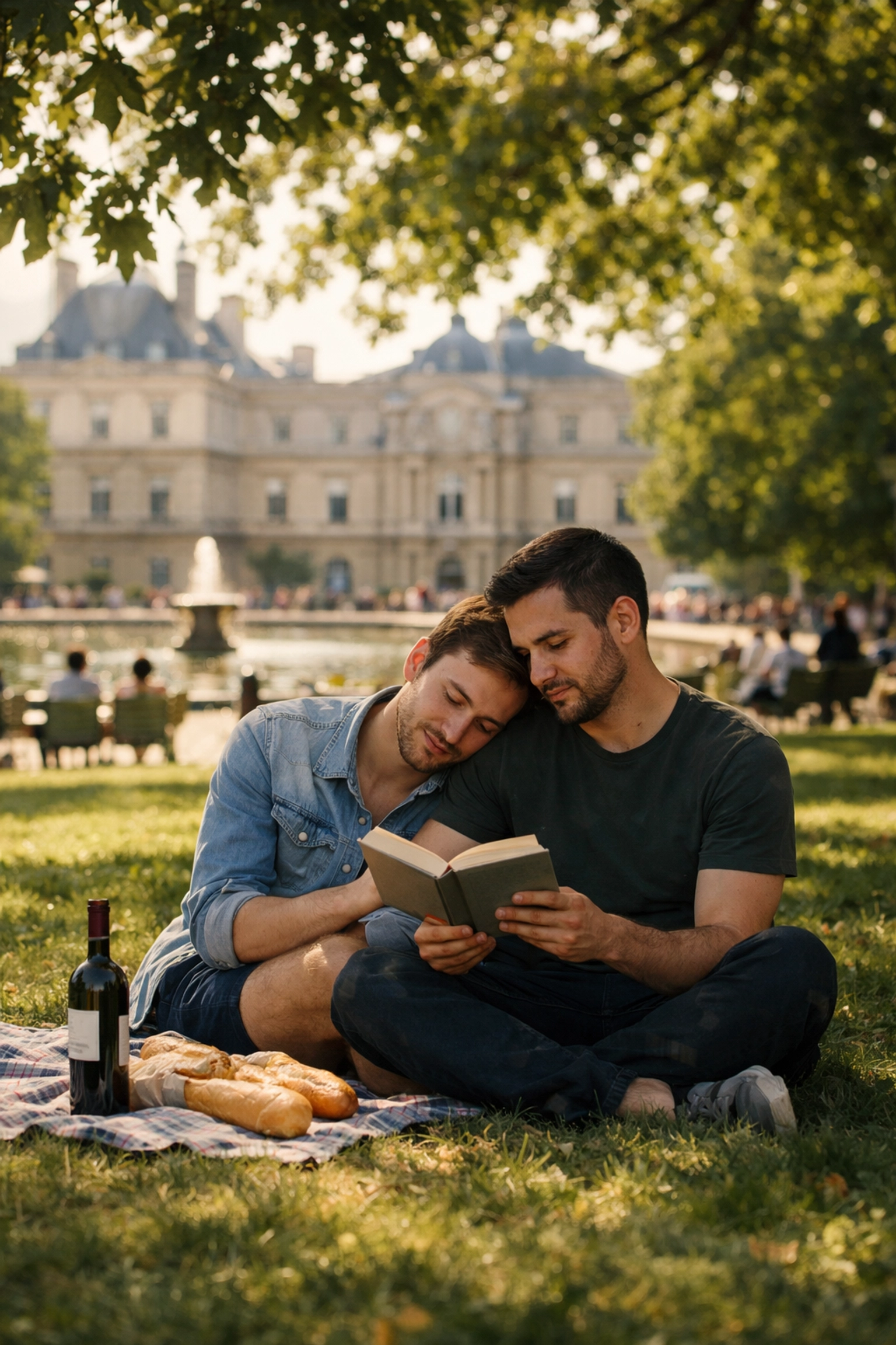 Gay couple reading MM romance book together in Luxembourg Gardens Paris