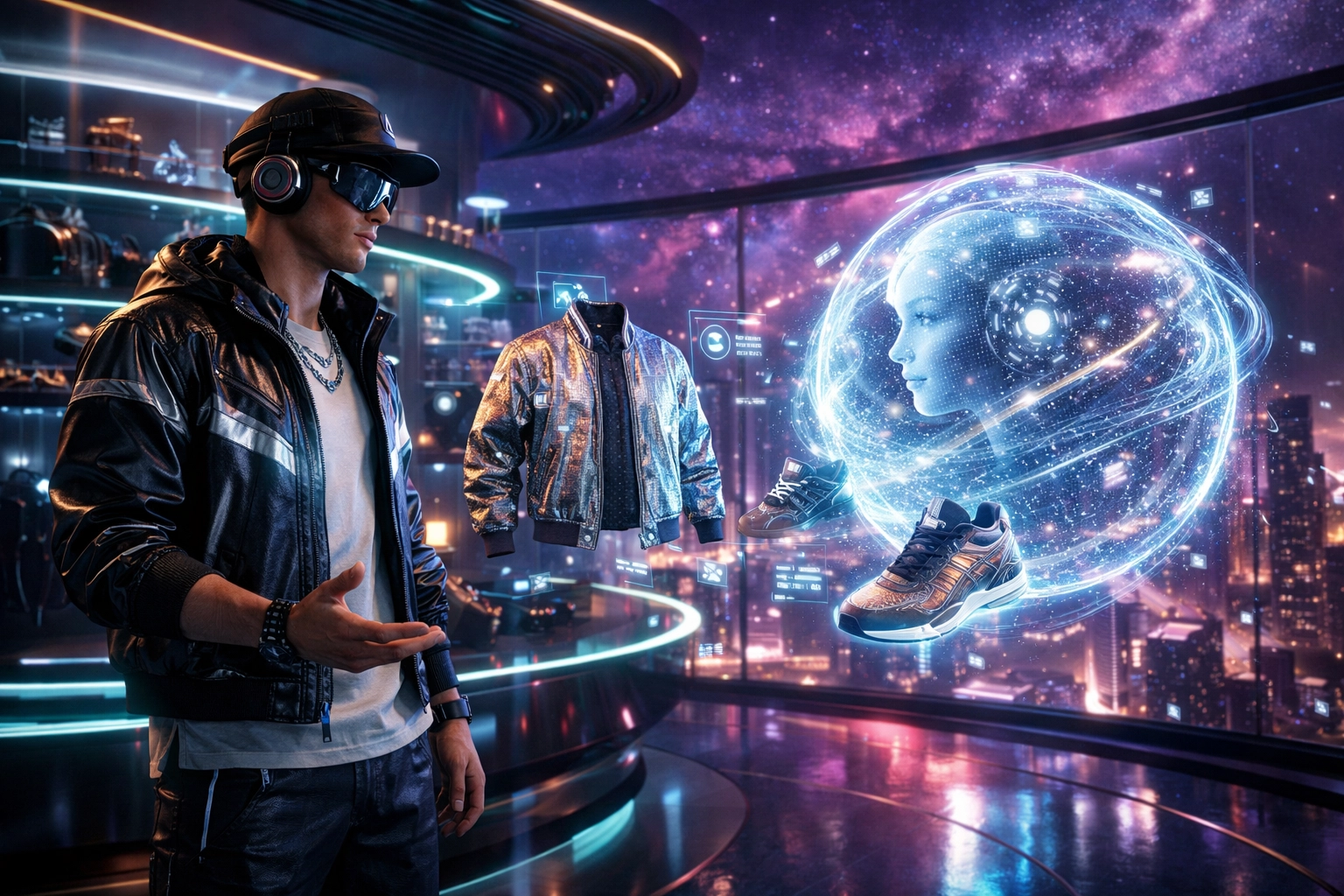 Larecoin.ai assistant helping a digital avatar browse clothing in a high-end metaverse shop.