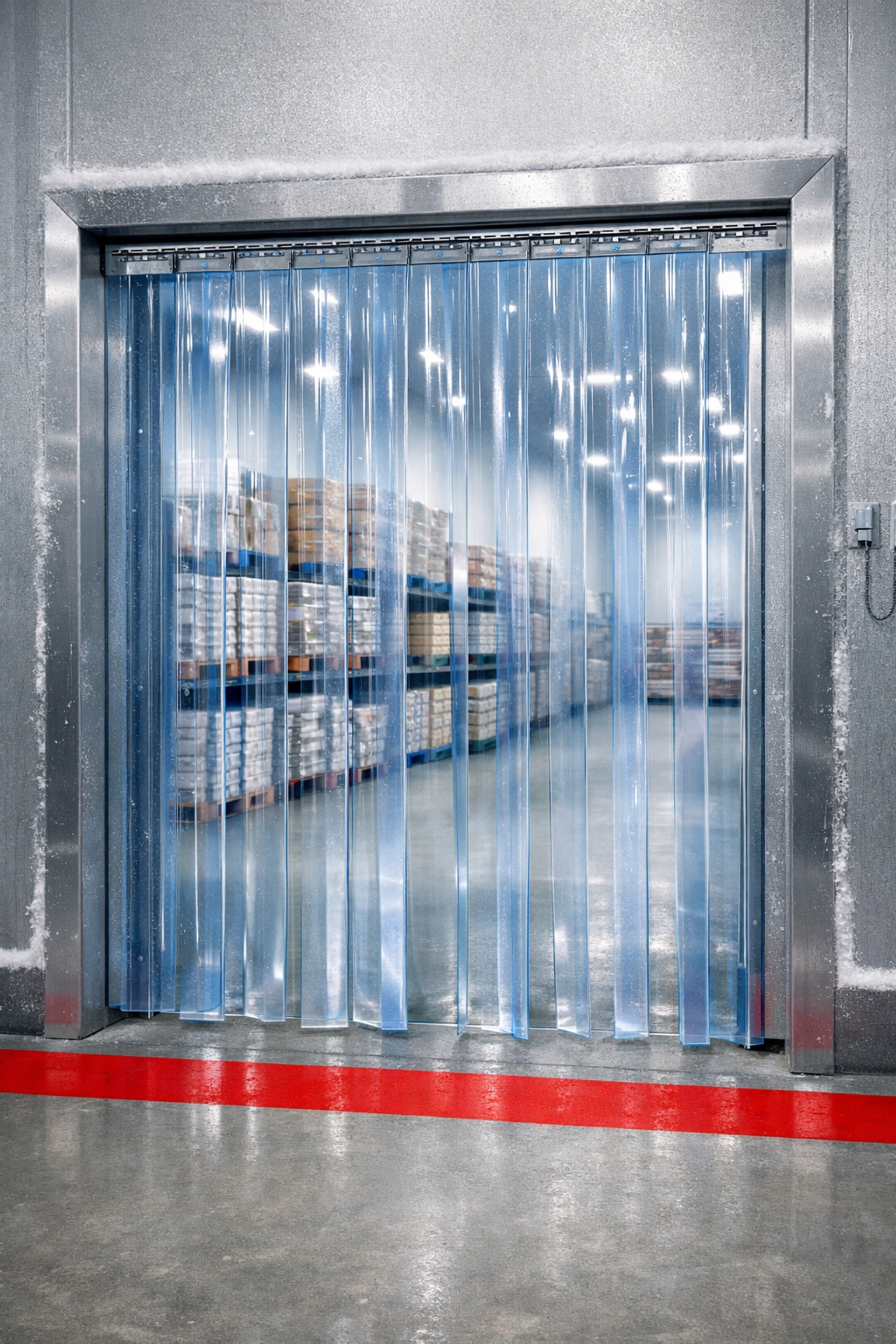 Polar grade PVC strip curtains on walk-in freezer doorway for cold store temperature control