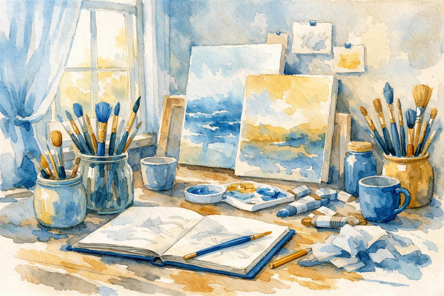 Messy art studio with paintbrushes and unfinished canvases showing creative imperfection