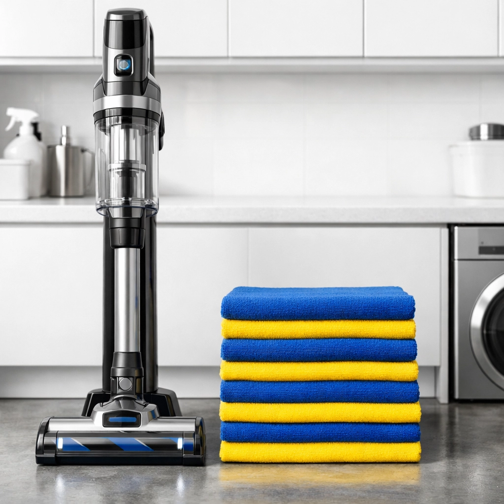 Clean vacuum cleaner and folded microfiber cloths ready for a weekly house cleaning routine.