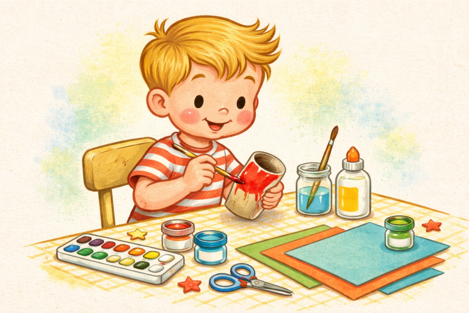 A child happily painting a toilet paper roll at a craft table, starting a DIY binoculars project for kids