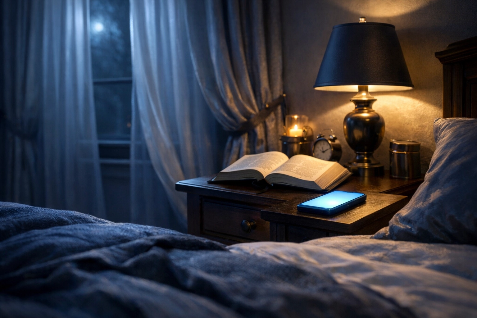 Peaceful bedroom at night with phone and Bible on nightstand promoting calm evening news habits