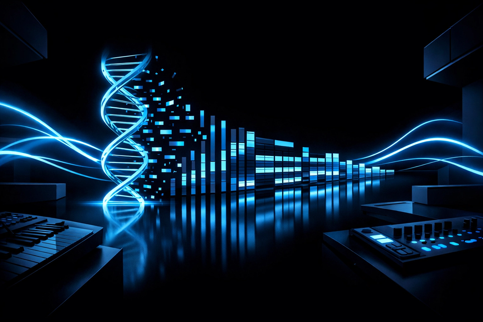 Neon blue musical DNA strands evolving into a professional DAW timeline for AI music production.