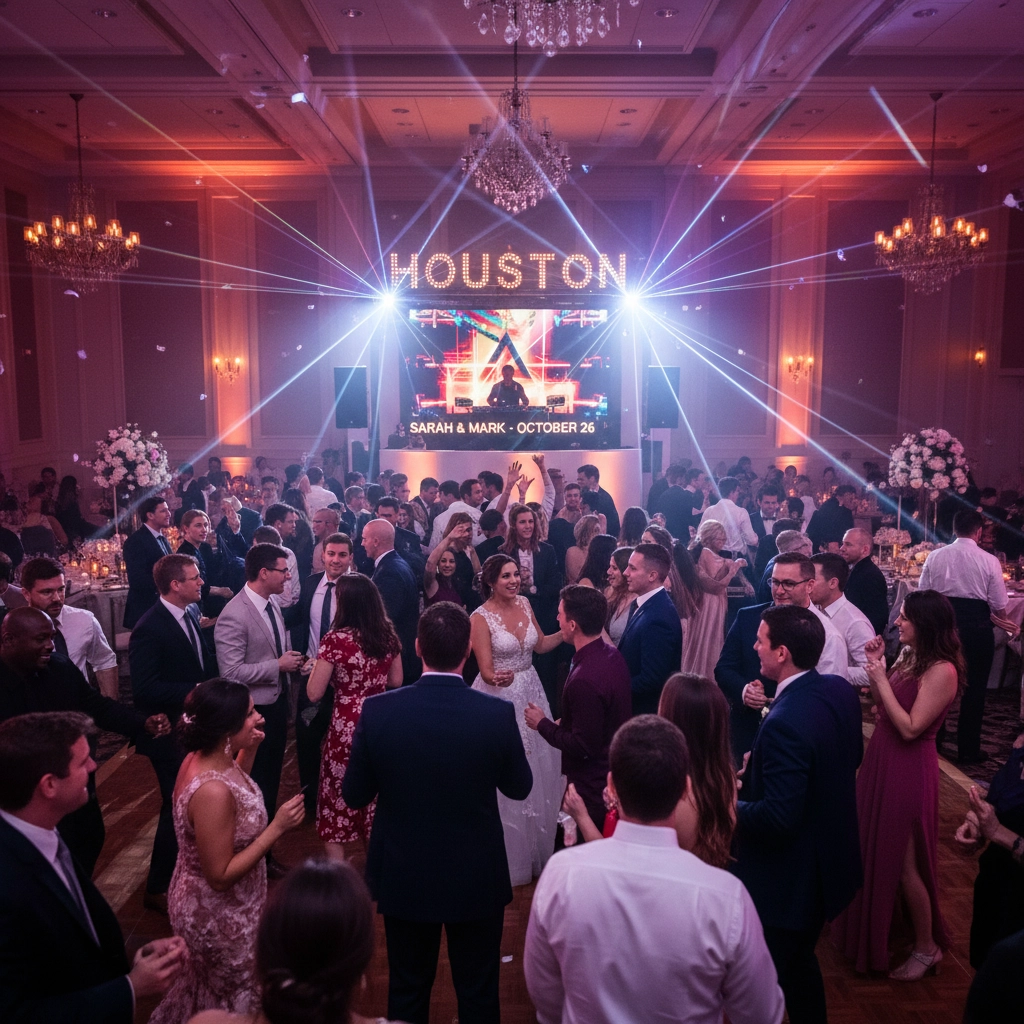 Wedding reception with people dancing under chandeliers. A sign with "HOUSTON" and "Sarah & Mark - October 26" is displayed with bright lights.