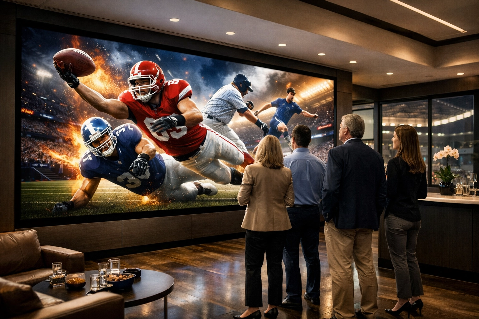 Luxury stadium suite featuring a high-impact digital media wall for sports brand engagement.