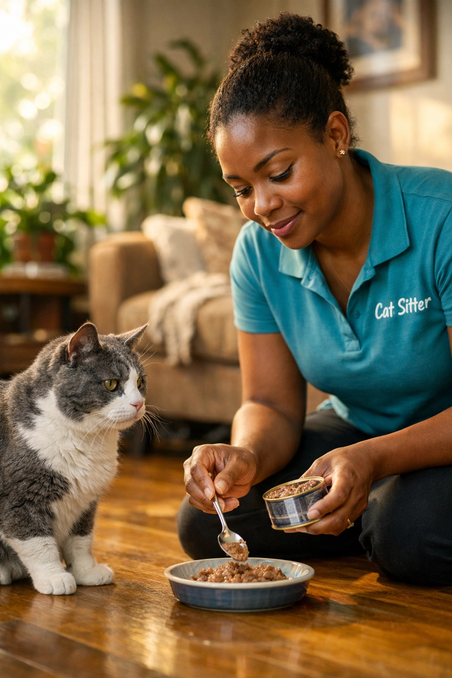 Professional Oakland cat sitter providing specialized in-home care for a senior grey and white cat.