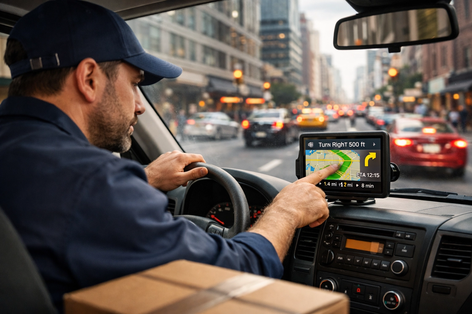 Professional courier driver using GPS tracking for same day delivery route