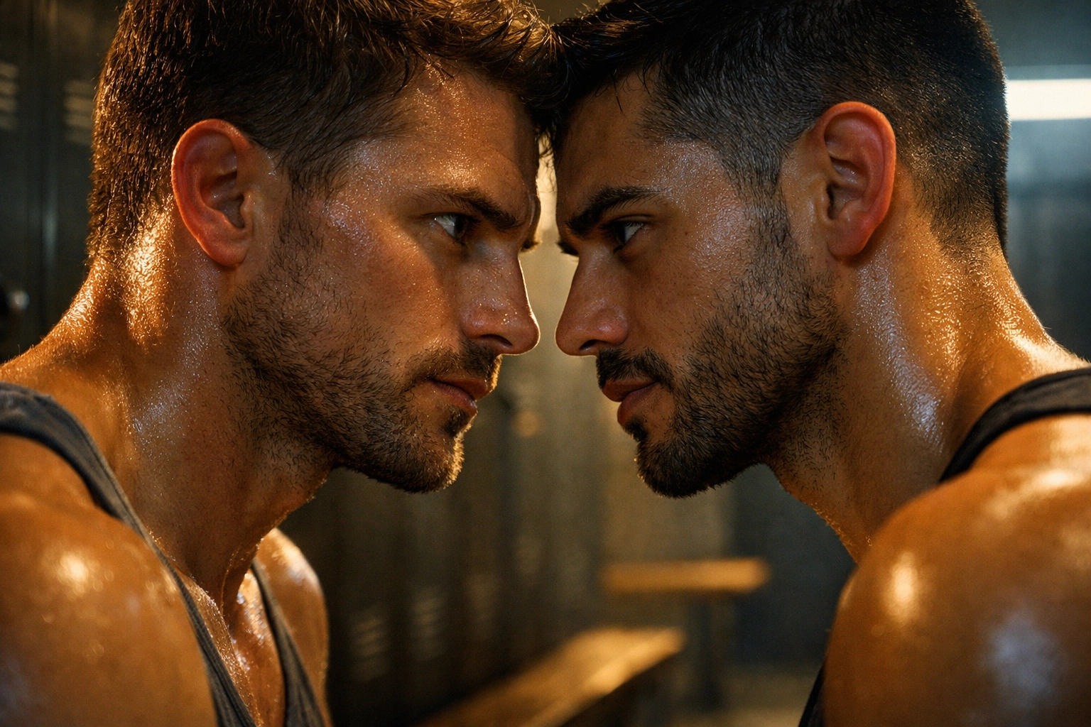 Close-up of two men making intense eye contact in a gym locker room