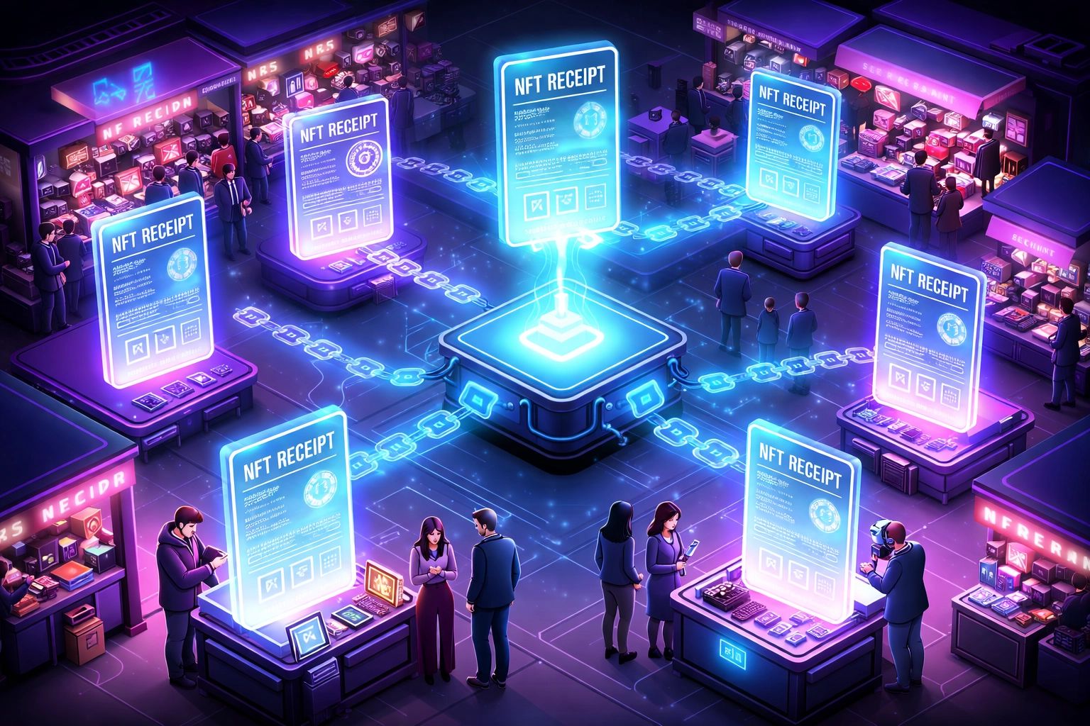 A digital marketplace scene with merchants exchanging NFT receipts, highlighting Larecoin's Web3 payments and blockchain transparency.