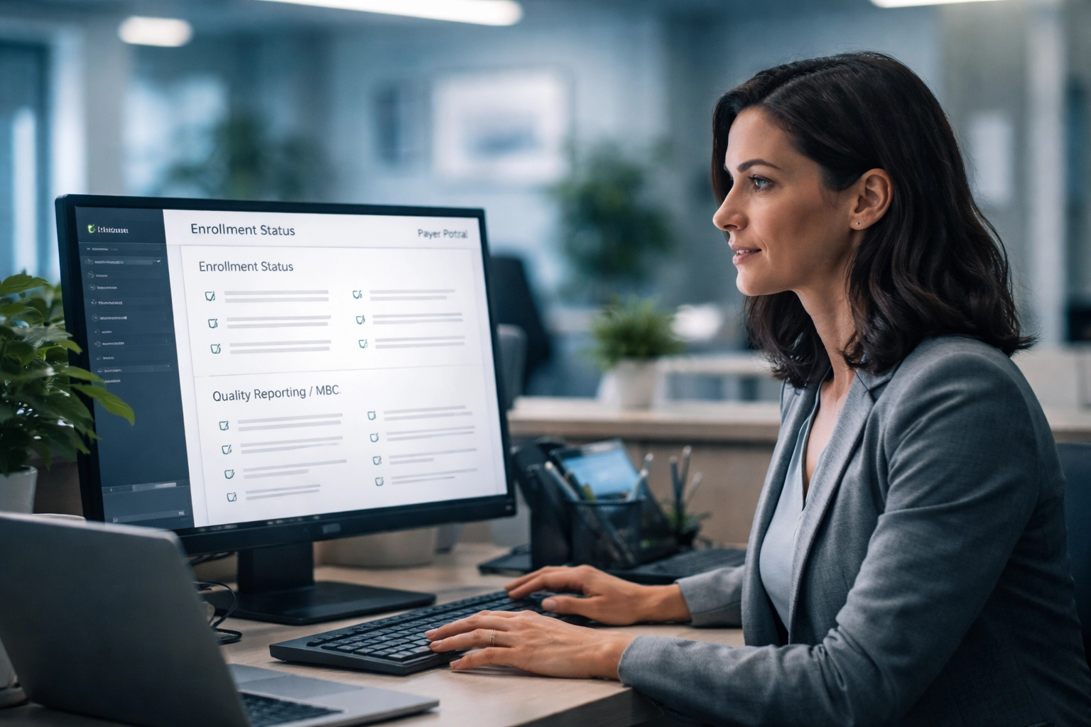 Cinematic still frame of an office manager reviewing a payer portal checklist that includes MBC documentation items for behavioral health provider enrollment in cool blue lighting.