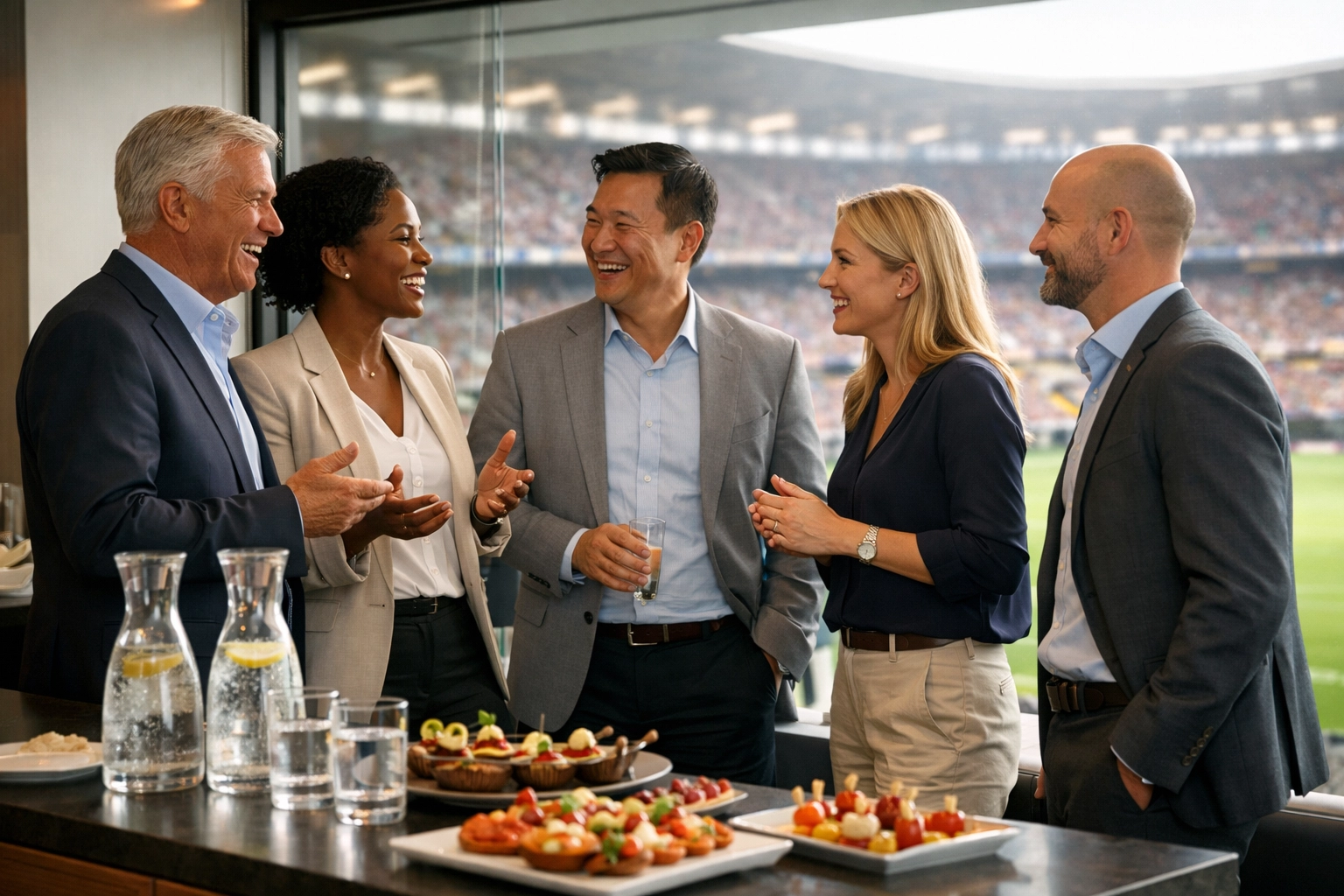 Corporate executives networking in a luxury stadium suite during a high-stakes VIP hospitality event.