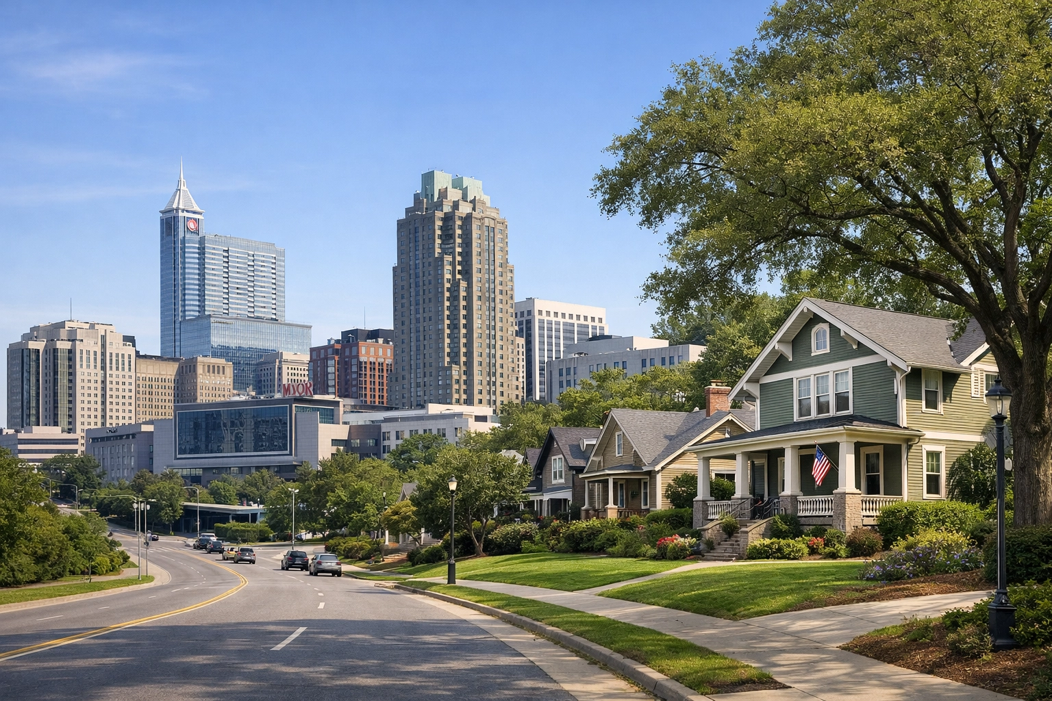 Modern Raleigh skyline and historic craftsman homes showing NC Triangle real estate diversity.