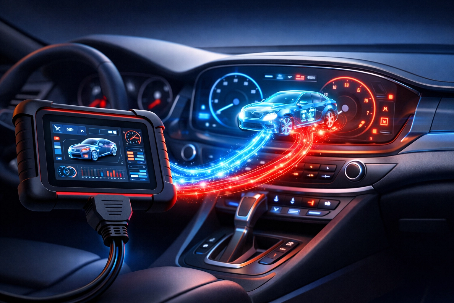 Professional automotive diagnostic tool connected to a vehicle for secure data transfer.