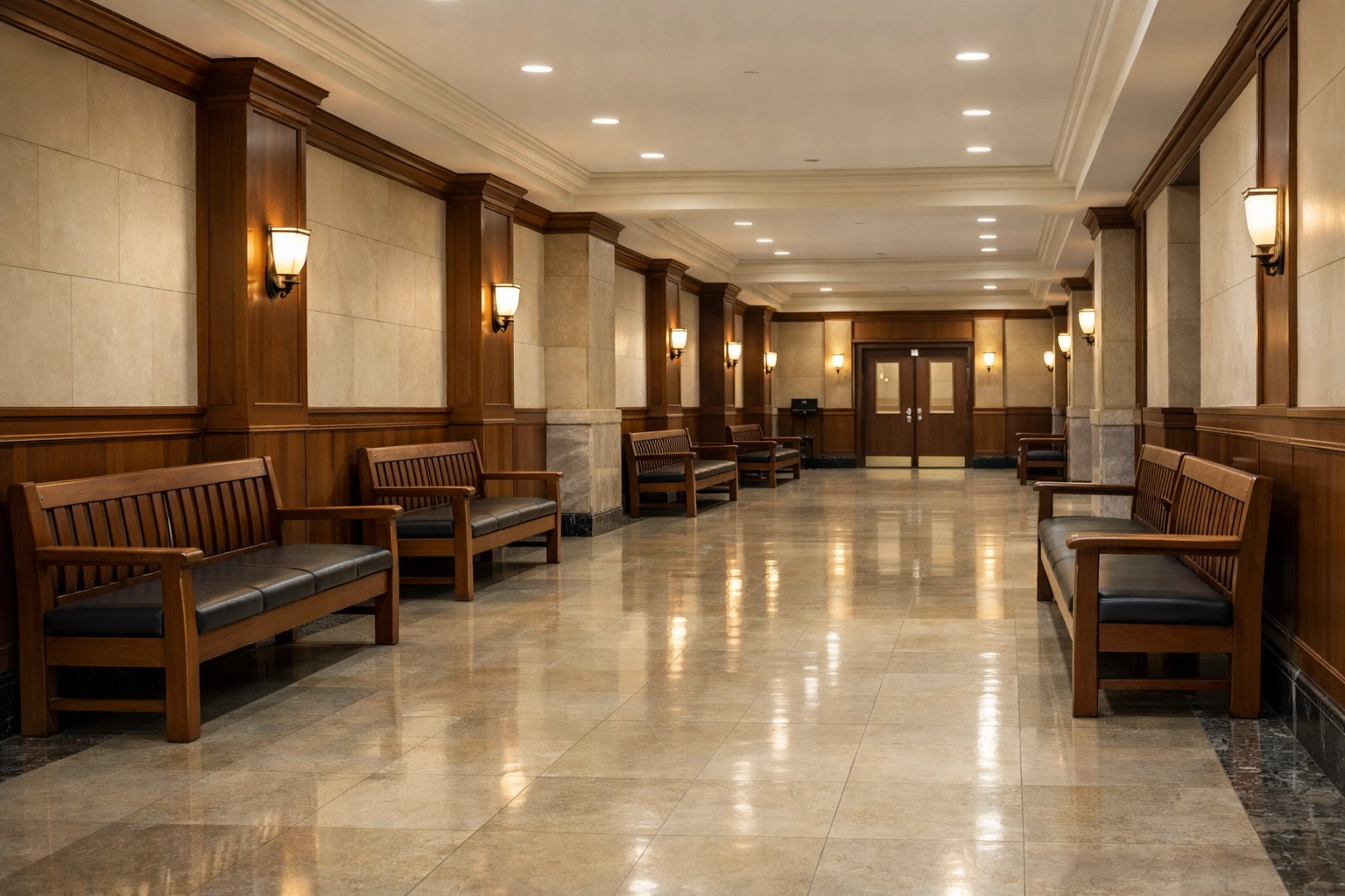 Courthouse interior hallway with empty benches representing grandparent visitation petitions in Virginia