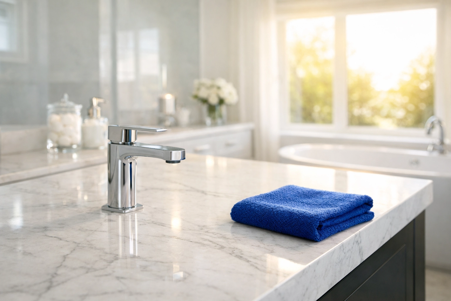 Pristine white marble bathroom vanity in Westford being prepared for deep cleaning and disinfection.
