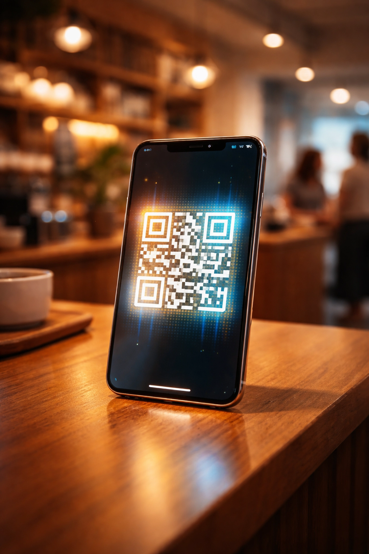 Smartphone displaying a QR code for crypto payments at a modern small business, highlighting easy Web3 point-of-sale with Larecoin.