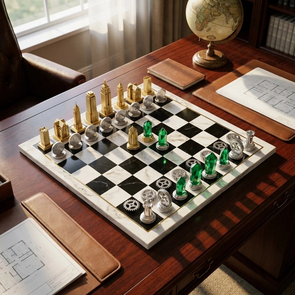 Chess board with asset class symbols highlights strategic institutional portfolio planning and diversification approach.