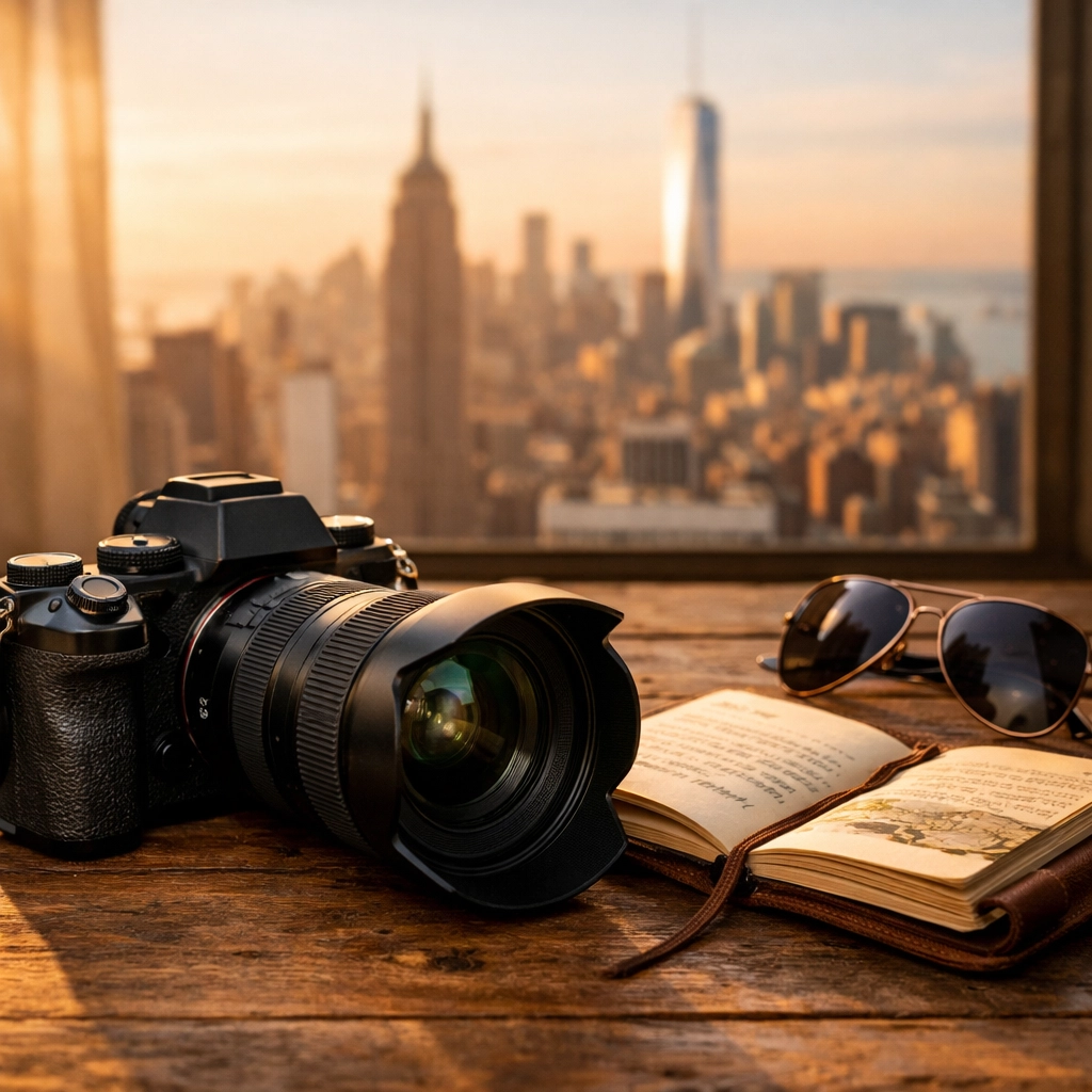 Professional camera and travel journal overlooking a city, ready for the best photography locations in 2026.