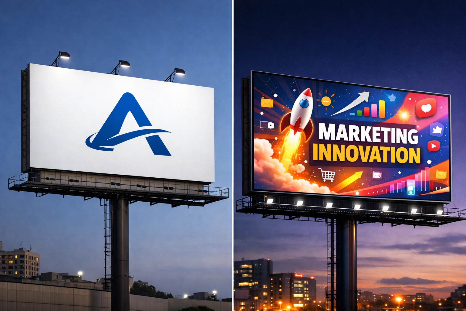 Traditional billboard versus modern digital advertising display comparison