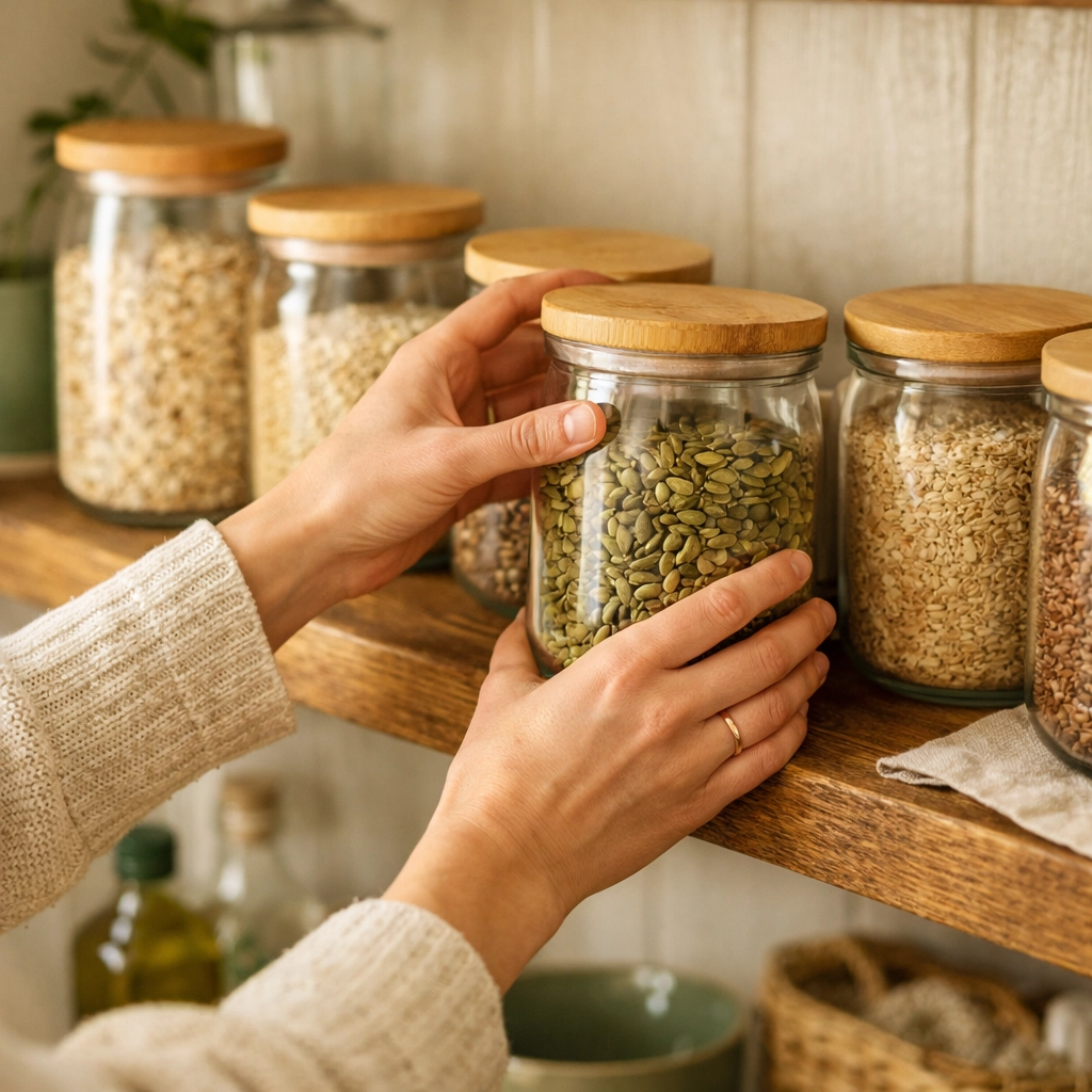 Swapping plastic for glass jars in a pantry to lower toxic load and support hormone balance.
