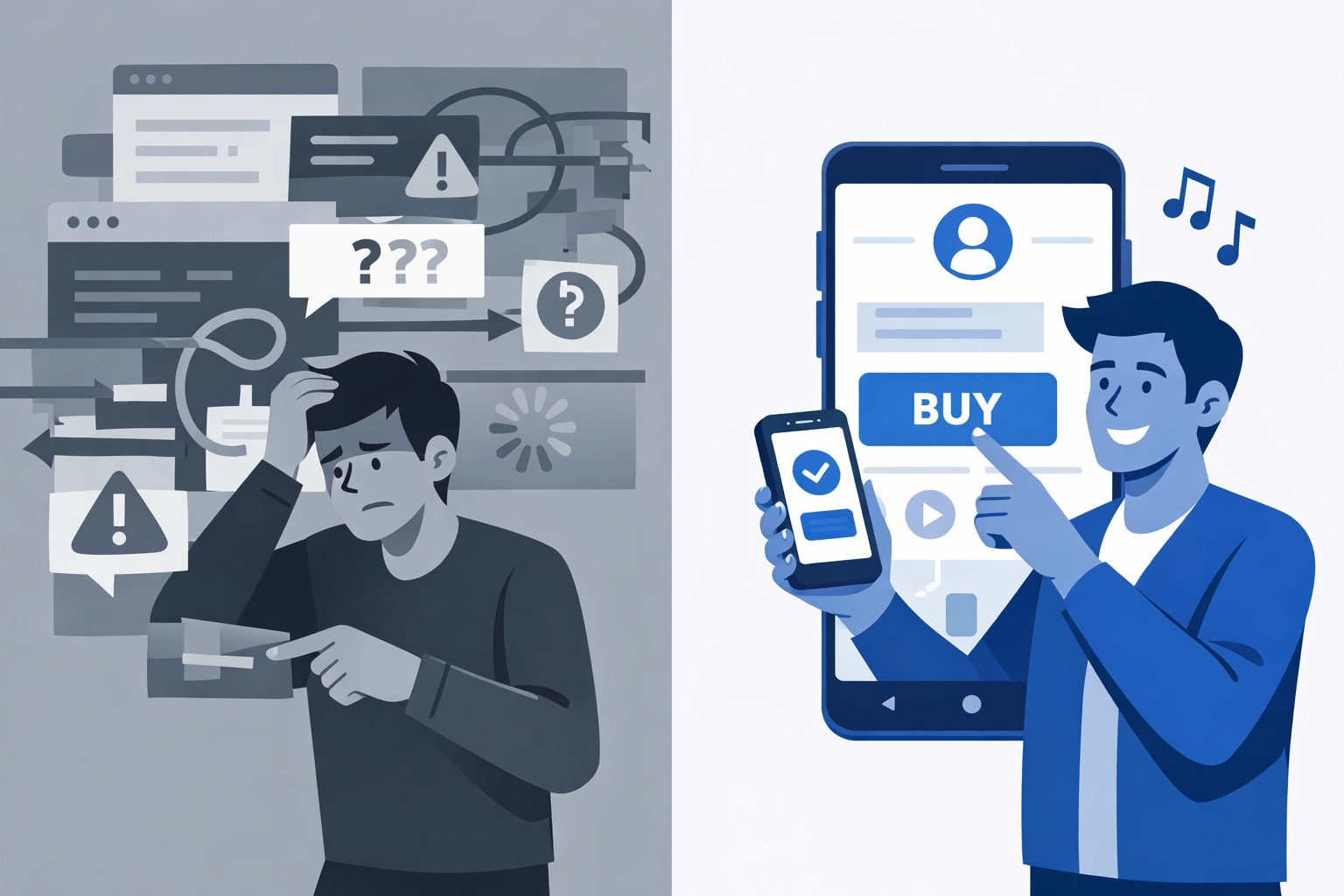 Poor mobile website experience compared to optimized mobile-first design interface