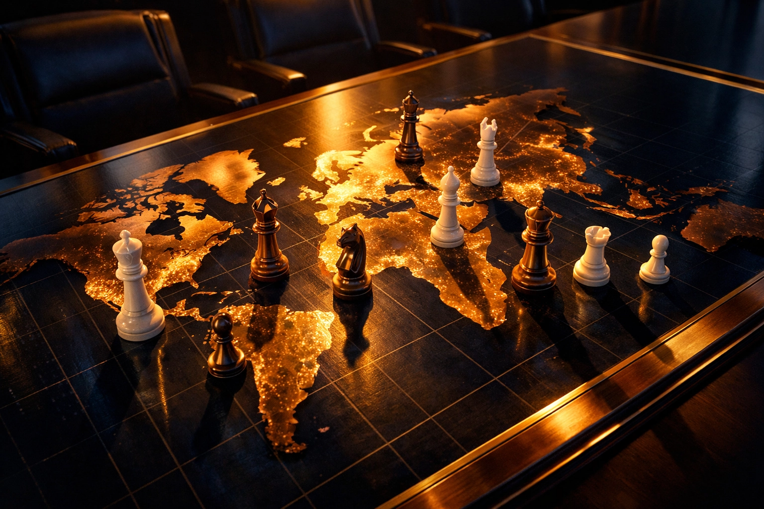 Strategic private equity investment planning with chess pieces on global market map