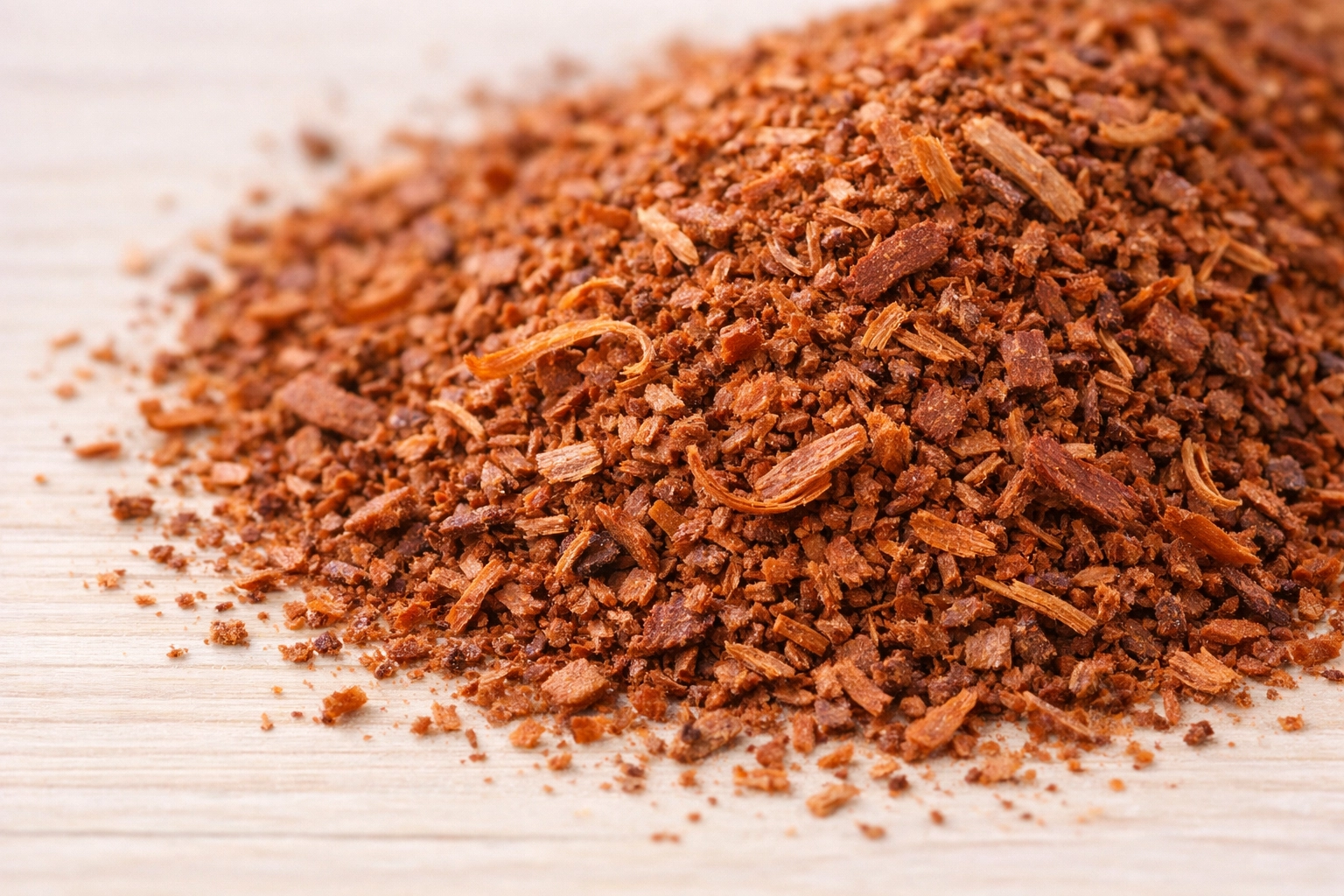 Pau d'arco tea in glass cup with inner bark fine grind beside it on a light surface
