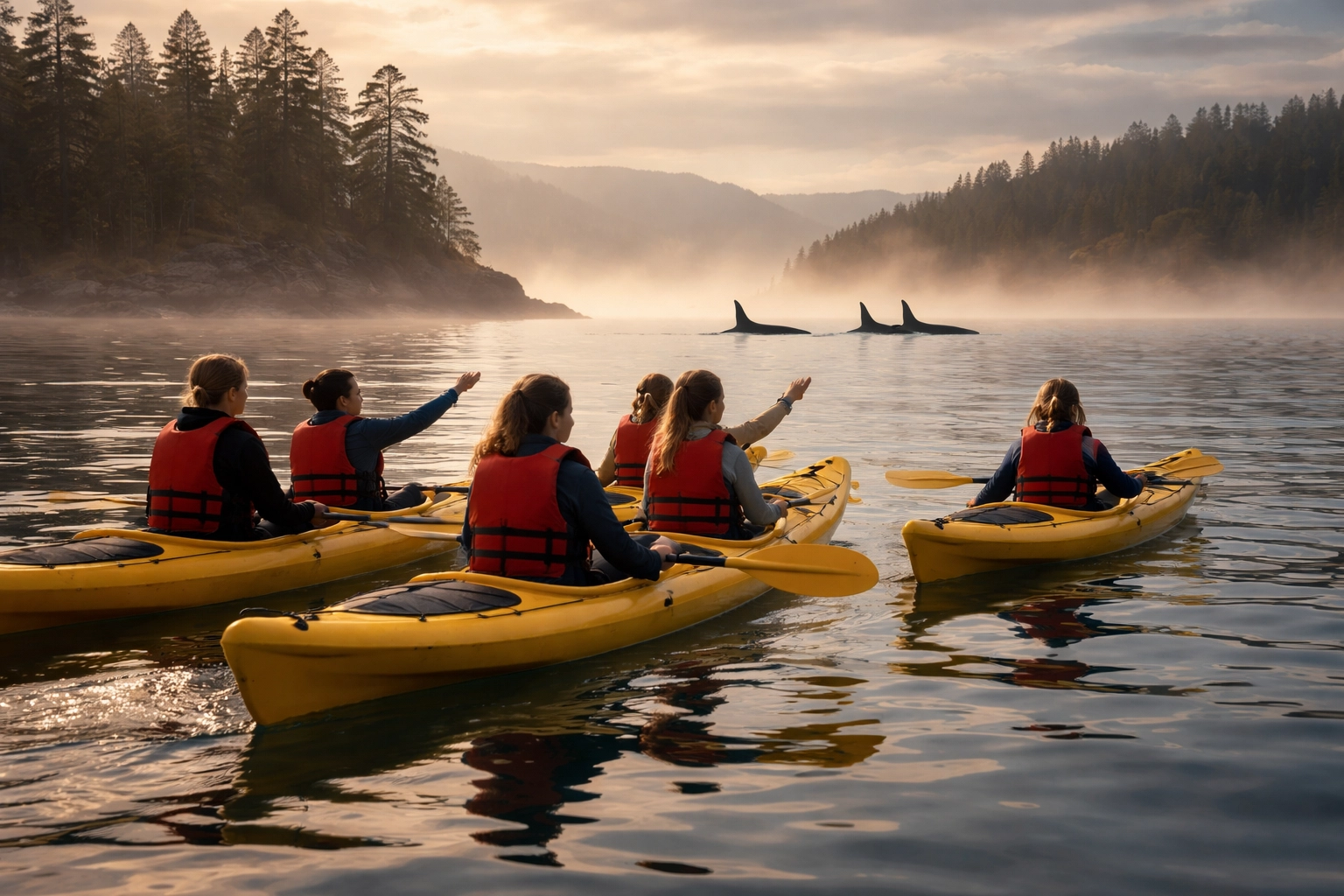 High school students kayaking in the San Juan Islands with orcas nearby, highlighting Pacific Northwest wildlife education