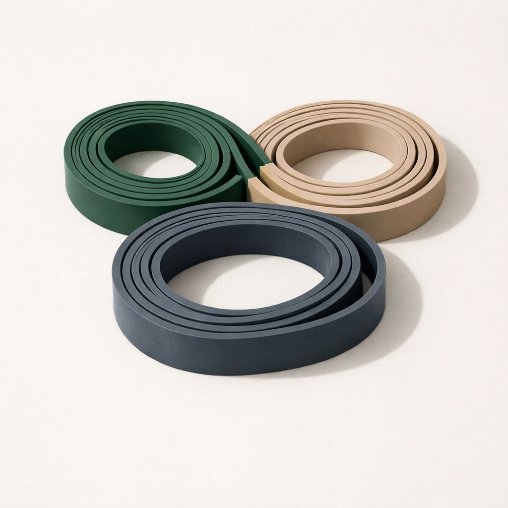 A flat-lay of professional resistance bands showing different tension levels for progressive home workouts.