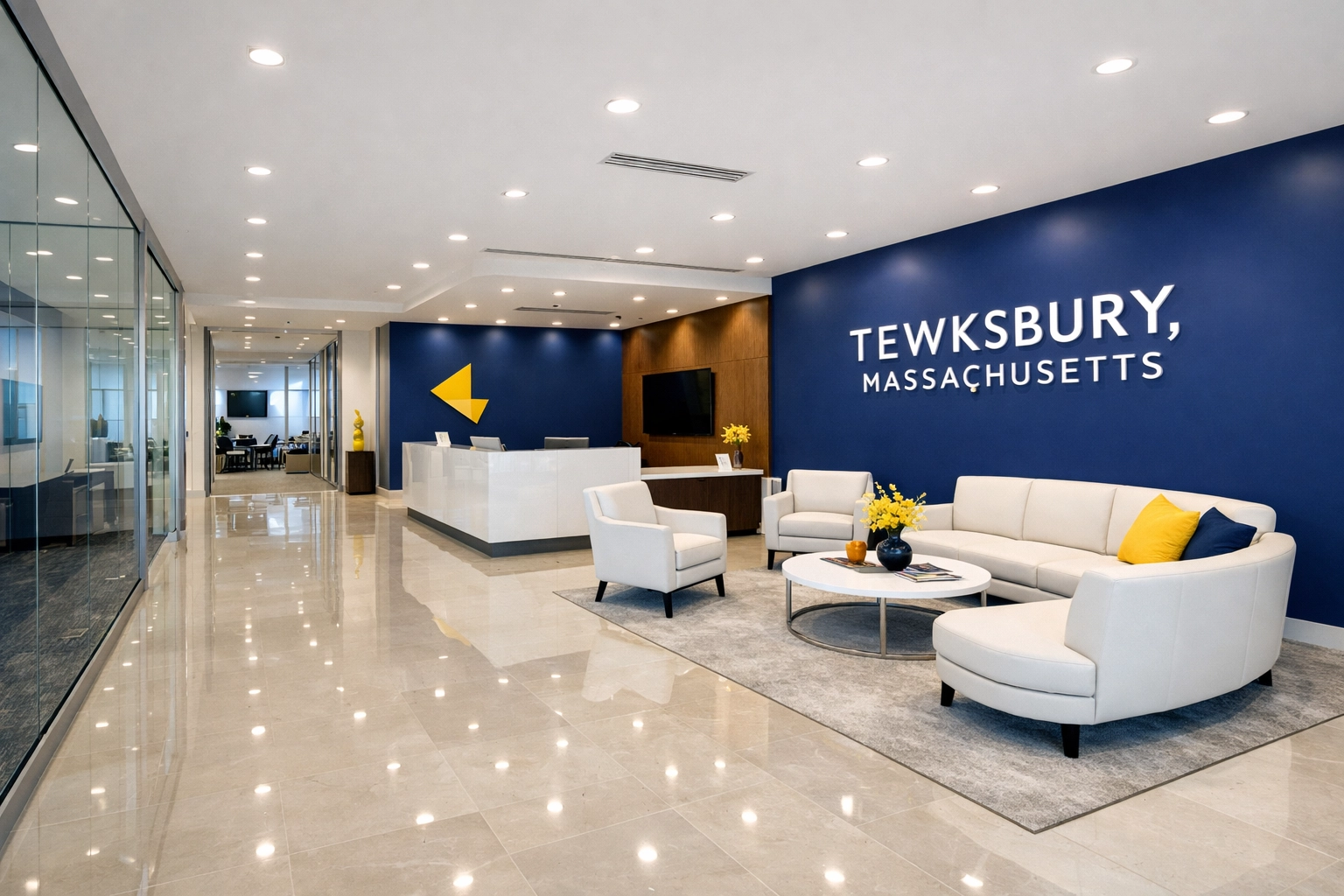 Spotless modern office lobby in Massachusetts showcasing professional Office Cleaning in Tewksbury.