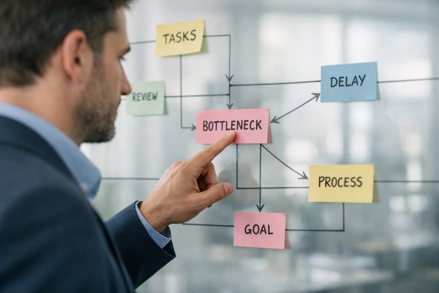 Professional identifying a business growth bottleneck on a workflow diagram to scale effectively.