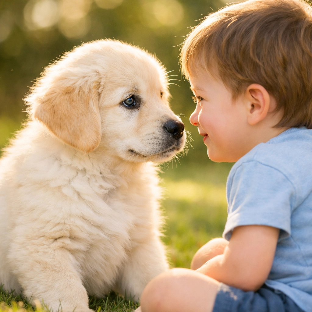 Golden Retriever puppy making eye contact with child demonstrating natural bonding ability