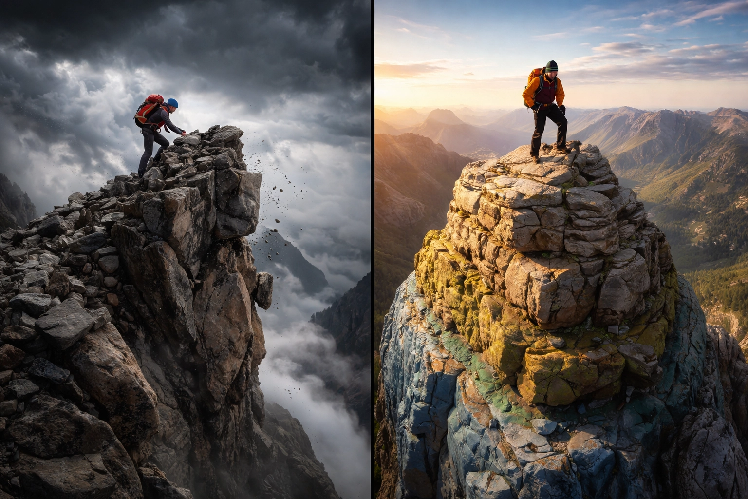 Two climbers on contrasting peaks illustrating instability of traditional investing versus stability of the 40/30/30 model.
