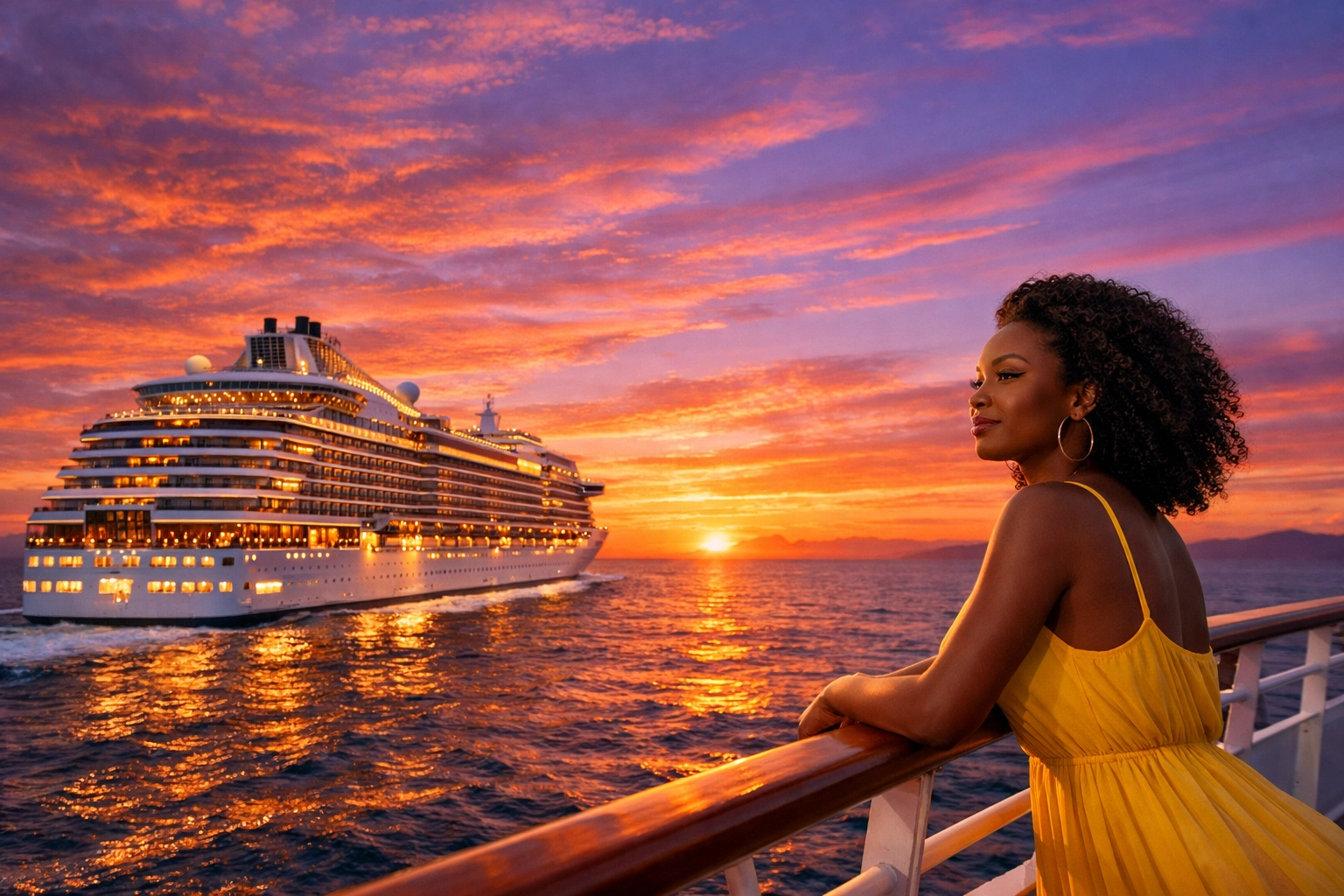 Woman watching a sunset from the deck of a ship found by an expert luxury cruise travel agent.